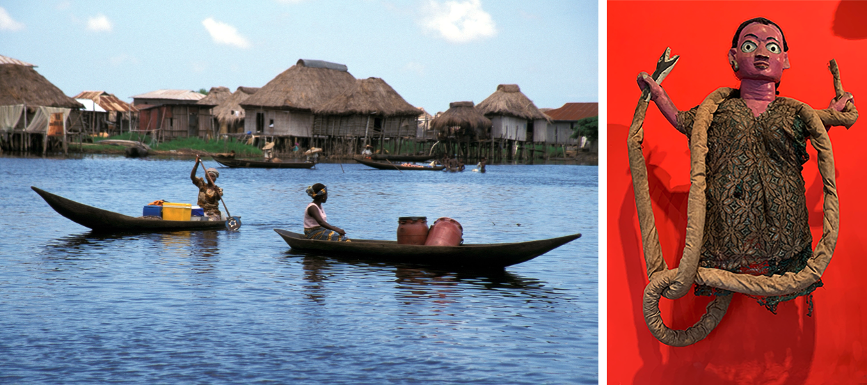 Sur le lac Nokoué femmes du village de Ganvié en pirogue / Mami Wata au Musée Vaudou de Strasbourg