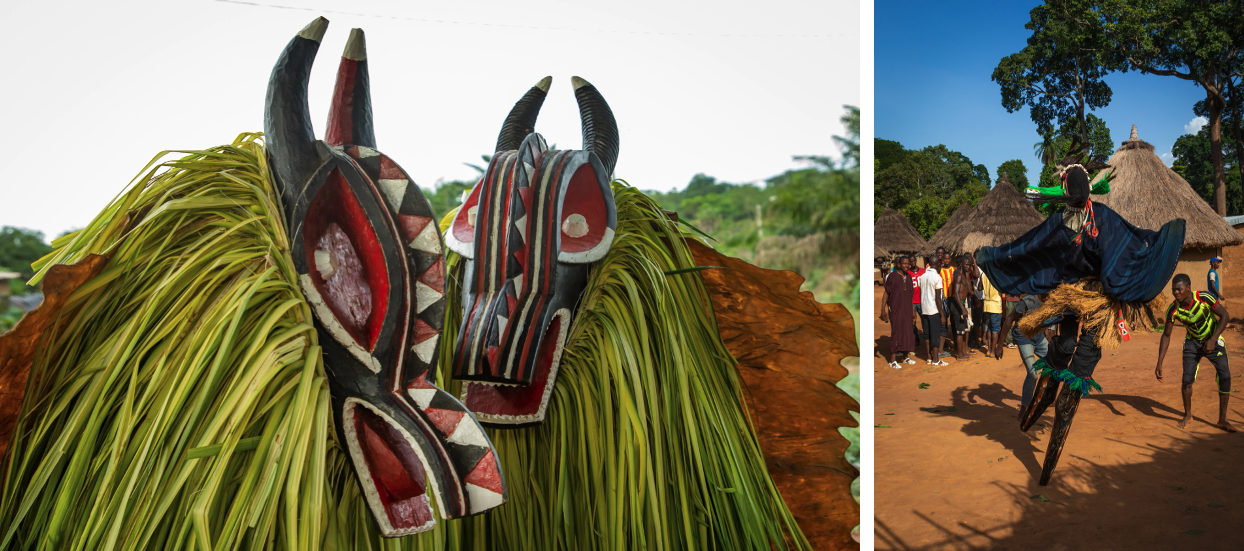 Masques sacrés Goli en couple / La grande danse avec pilotis appelé Kwuya Gblen-Gbe dans la tribu de Dan