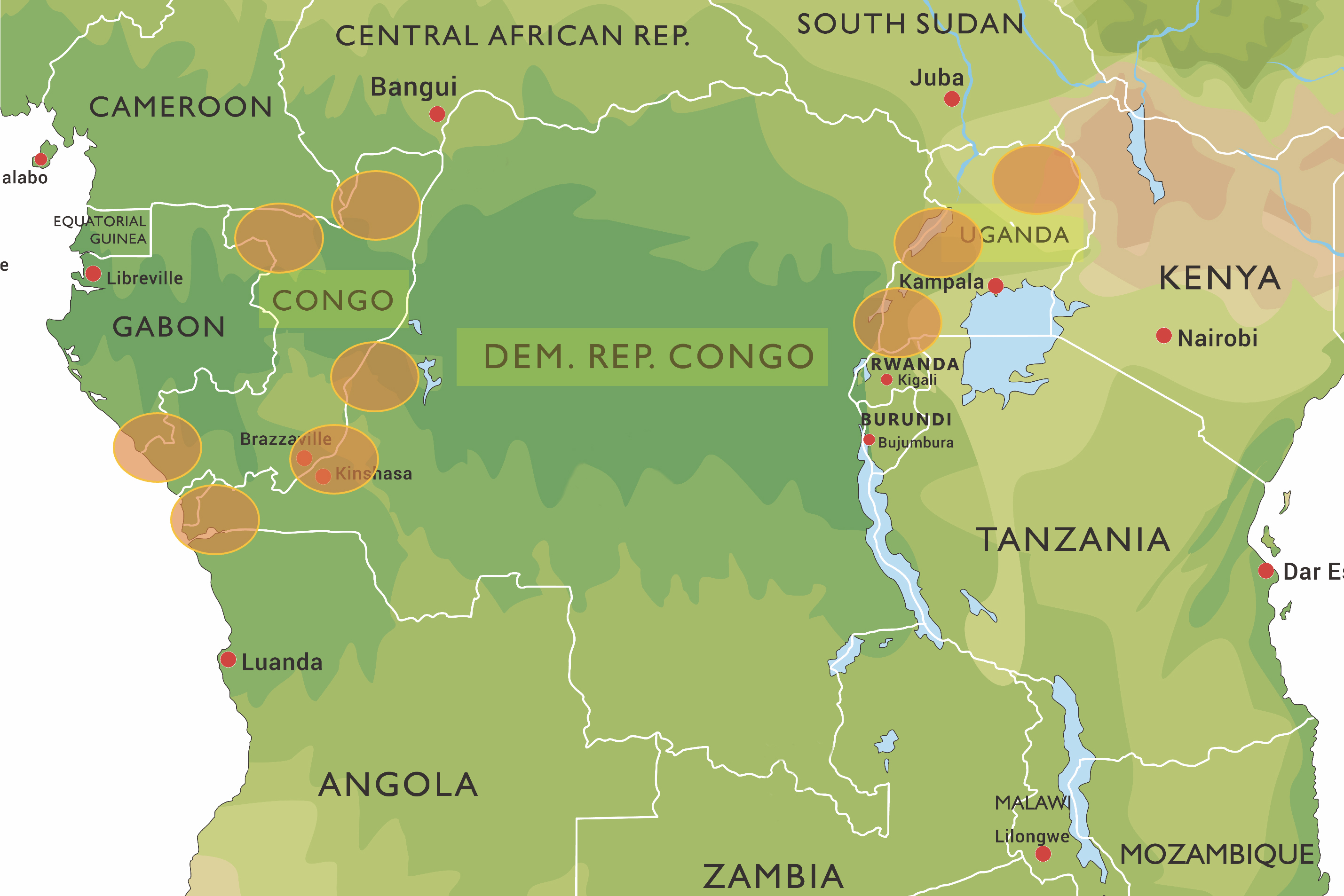 Carte de l'afrique centrale et de l'est précisant les lieux de voyages de Tamera