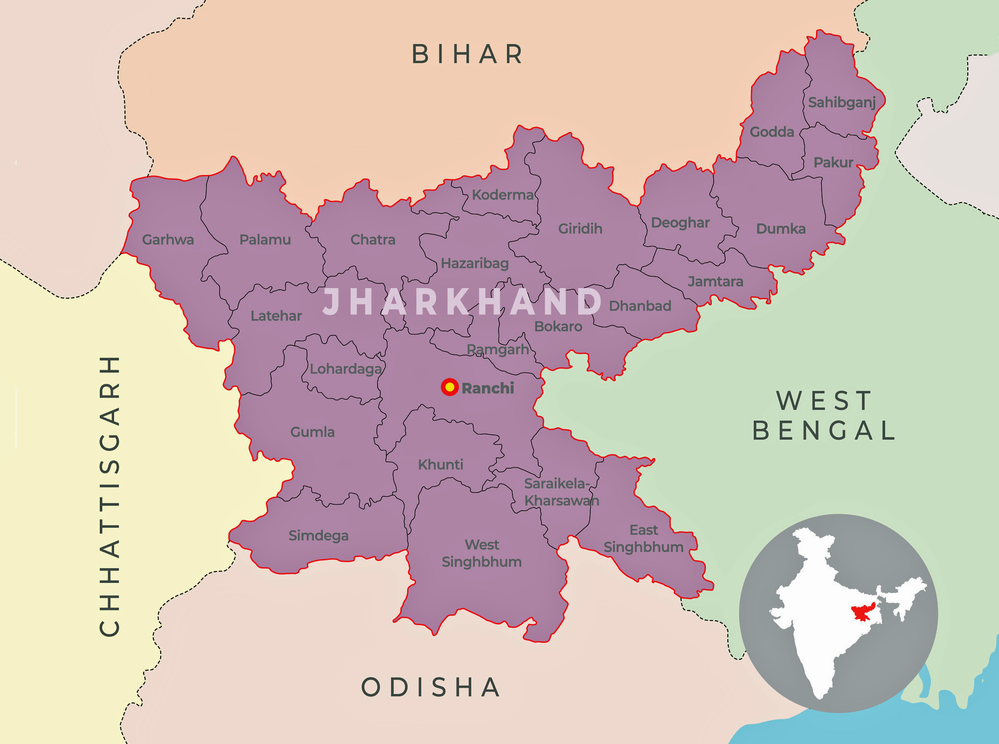 Carte jharkhand avec états limitrophes