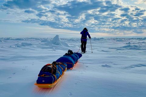 Expédition Skieur tire sa pulka dans l'immensité