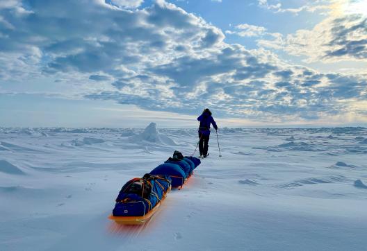 Expédition Skieur tire sa pulka dans l'immensité